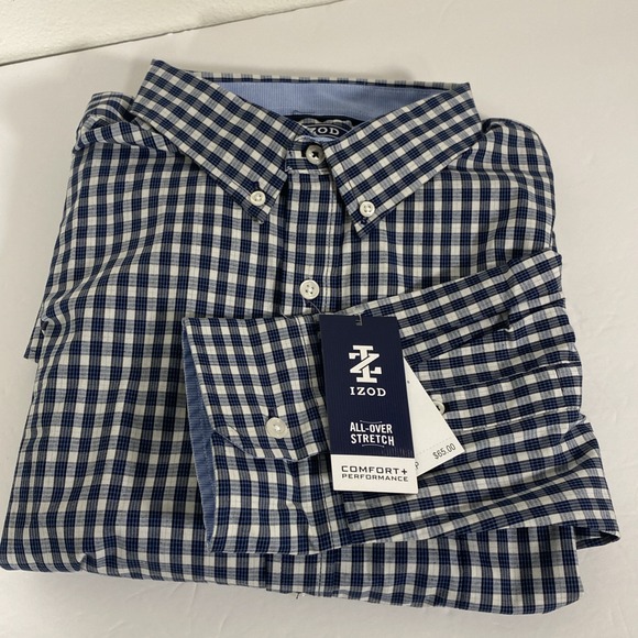 IZOD Men's XL Performance Comfort Casual Plaid Blue Button Down Shirt L-S NWT V1 - Picture 1 of 7